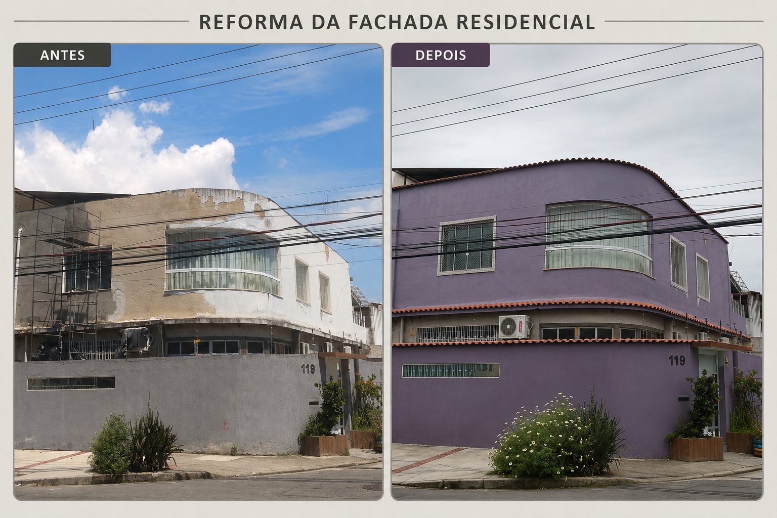 Reforma de fachada residencial antes e depois em Olaria, Rio de Janeiro